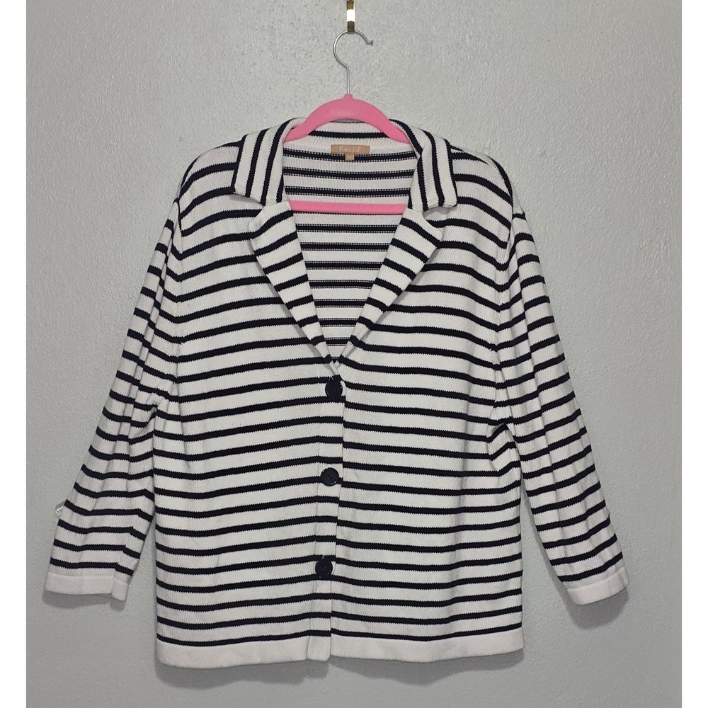 Kier + J 3X Navy Blue White Striped Cotton Chunky Knit Button Cardigan Sweater